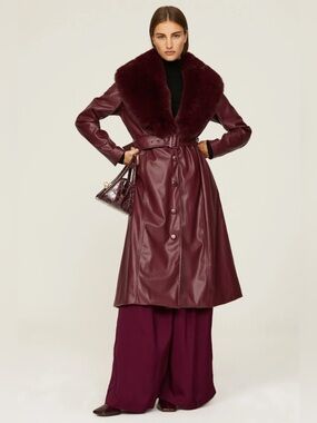 Hutch Liv Faux Fur-Lined Coat in Wine with Patterned Satin Lining